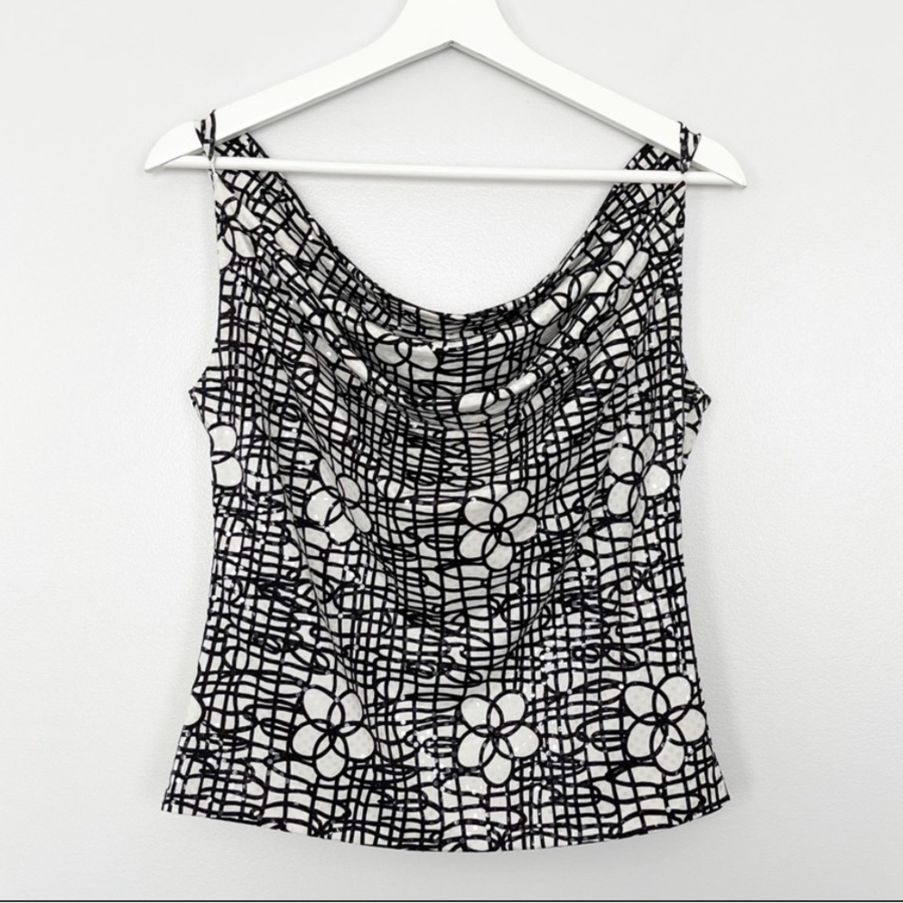 Necessary Objects Blouse Womens Medium Sleeveless Black White Floral Sequin Top